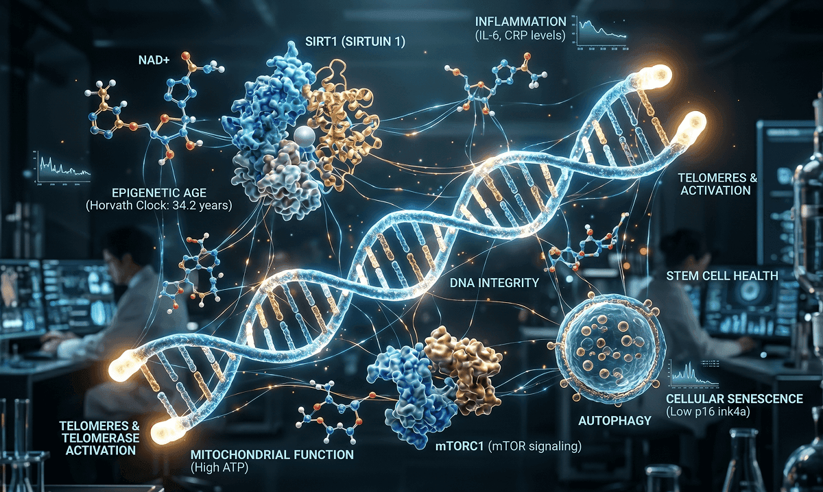Overview of biological longevity markers: NAD+, sirtuins, telomeres, mitochondrial function, autophagy.