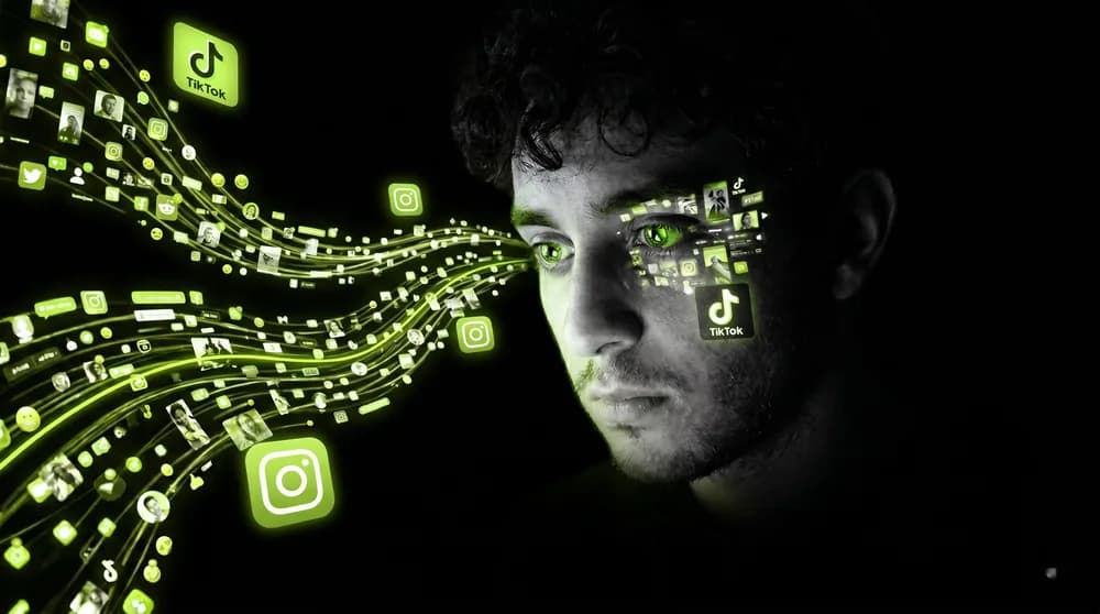 Person im Dunkeln, Gesicht von Bildschirmlicht beleuchtet, abstrakte Reiz-Ströme — digitale Reizüberflutung und Dopamin.