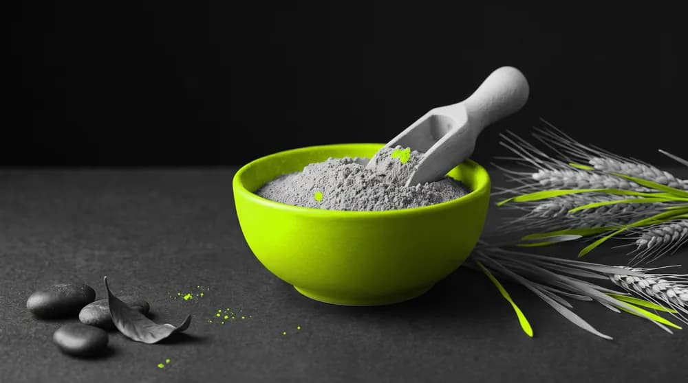 Frisches Gerstengras und grünes Gerstengraspulver in einer Schale mit Messlöffel auf dunklem Untergrund