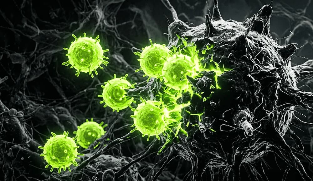 Immunzellen attackieren eine Krebszelle — mikroskopische Darstellung