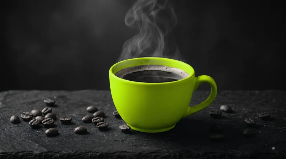 Tasse schwarzer Filterkaffee auf dunklem Tisch, daneben Kaffeebohnen — Kaffee als Longevity-Lebensmittel.