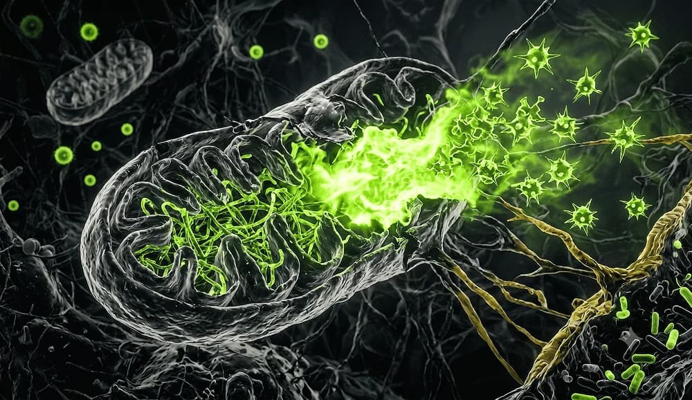Mitochondrien in Rot dargestellt — die Kraftwerke der Zelle im Zentrum der metabolischen Krebstheorie