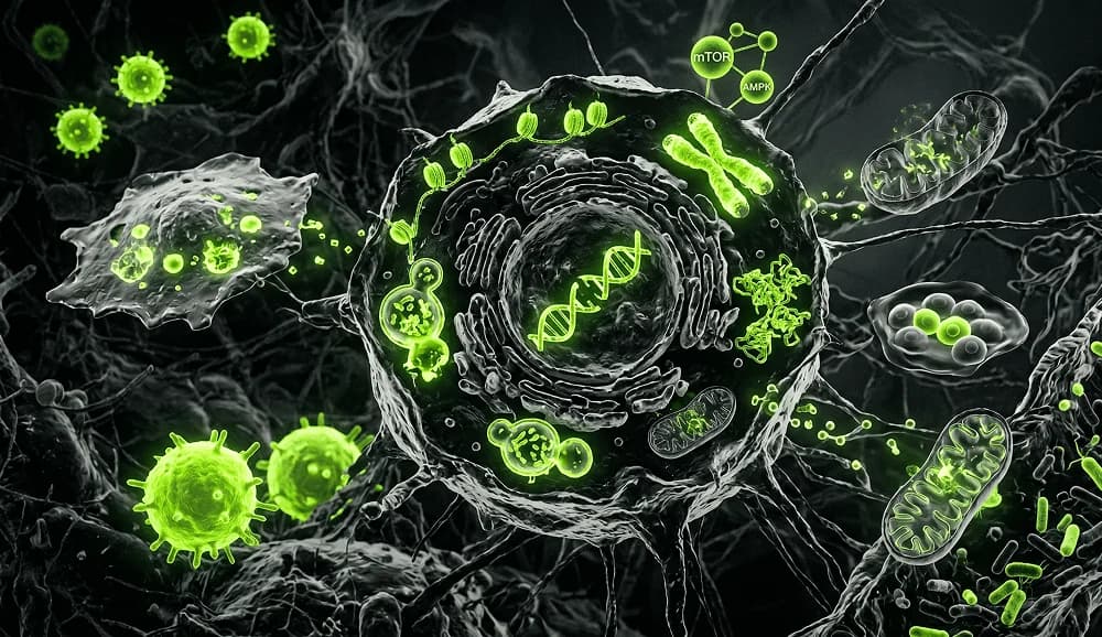 Übersicht der biologischen Longevity-Marker: NAD⁺, Sirtuine, Telomere, mitochondriale Funktion, Autophagie.