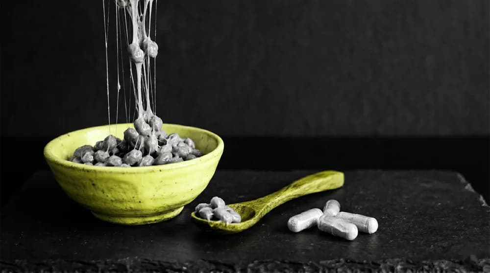 Schale mit fermentierten Natto-Sojabohnen und fadenziehender Textur neben Nattokinase-Kapseln auf dunklem Untergrund