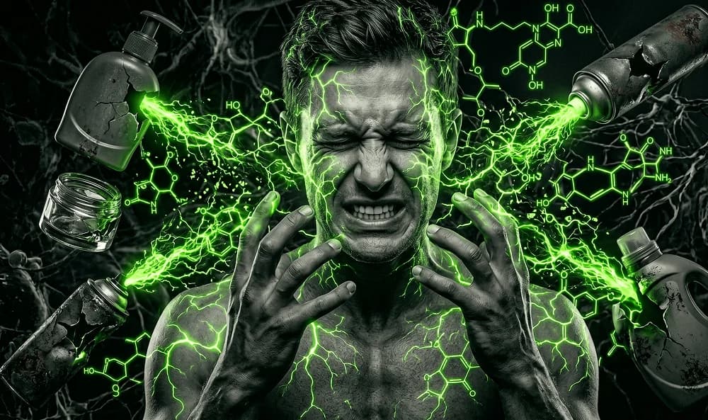 Mensch umgeben von alltäglichen Chemikaliengrafiken — Symbol für tägliche Toxin-Exposition