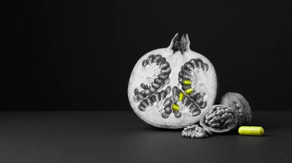 Granatapfelkerne und eine schematische Mitochondrie auf dunklem Untergrund, lime-grüne Akzente