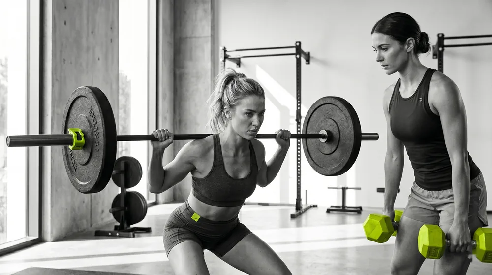 Zwei sportliche Frauen beim Krafttraining (Langhantel-Kniebeuge, Kurzhanteln) — Training und Ernährung am Hormonzyklus ausrichten